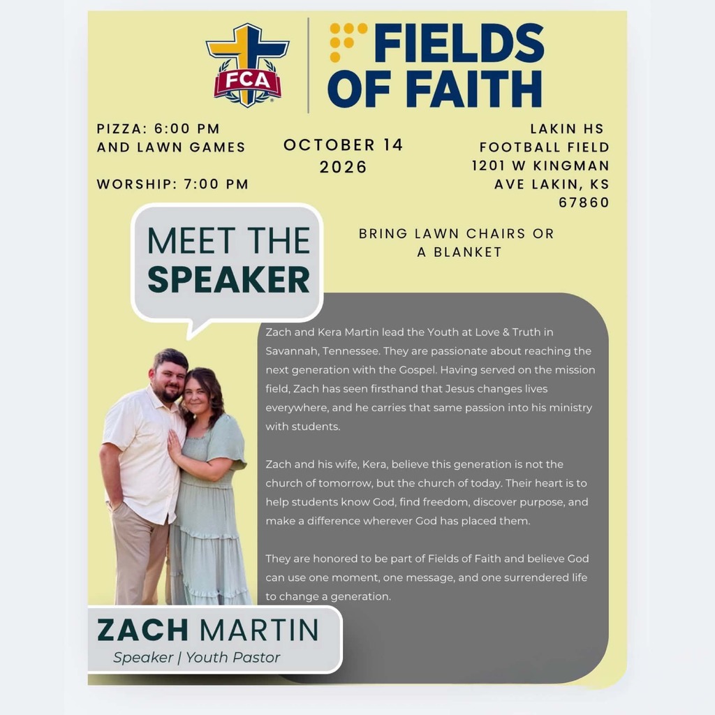 Event flyer with a couple standing, "Fields of Faith" and "Meet the Speaker" headings, date, and location details.