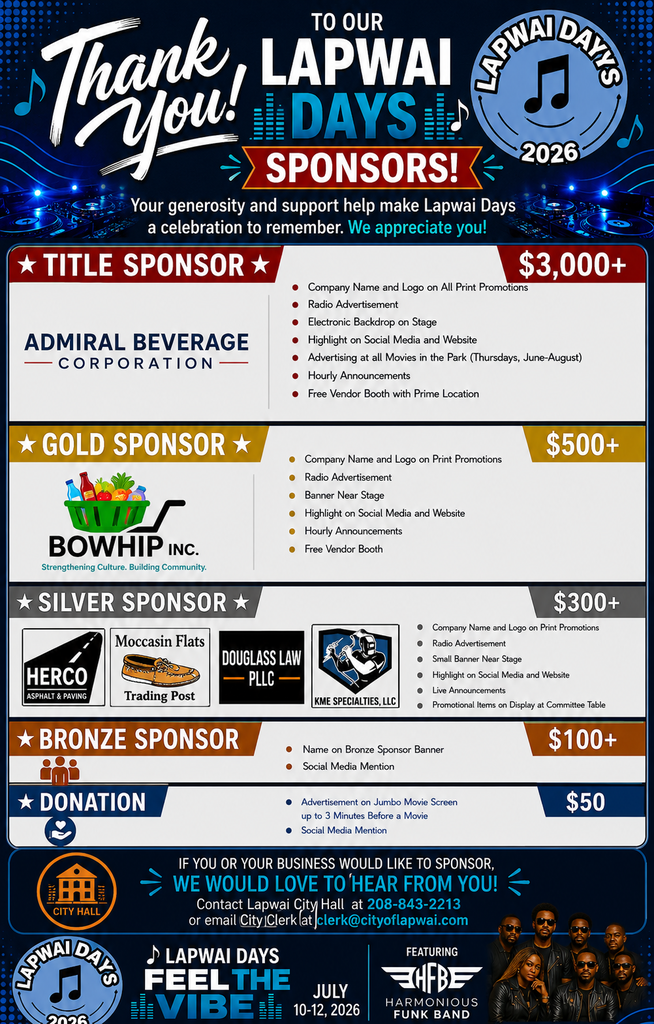 Title Sponsor Admiral Beverage, Gold Sponsor Bowhip Inc., Silver Sponsor Herco, Moccasin Flats Trading post, Douglass Law PLLC, KME Specialties, LLC