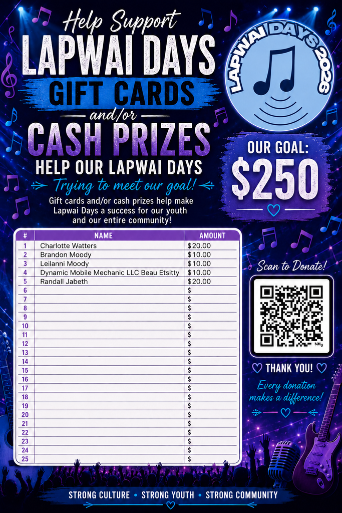 Lapwai Days 2026 donation flyer with a music theme. The flyer asks for gift card or cash prize donations to help reach a $250 goal. A donation tracker lists supporters and their donation amounts, with a QR code for online donations. The design features musical notes, stage lights, guitars, and the Lapwai Days 2026 logo.