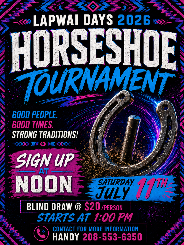The flyer includes the slogan: "Good People. Good Times. Strong Traditions!" Registration is highlighted with "Sign Up at Noon" in large white letters on a magenta paint-stroke background. A blue banner displays the updated event date: Saturday, July 11th. Event details below read: Blind Draw – $20 per person, Starts at 1:00 PM, and Contact for More Information: Handy – 208-553-6350.