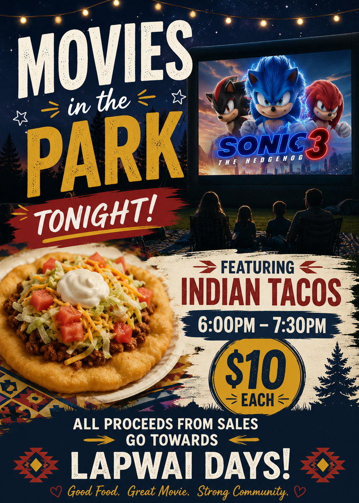 🌮 Indian Taco Fundraiser Tonight! 🌮  Come hungry and support Lapwai Days 2026!  We'll be serving fresh, homemade Indian Tacos from 6:00 PM – 7:30 PM for just $10 each.  💜 Every taco purchased helps support Lapwai Days and all the fun our community enjoys each year. Your support helps make this event possible!  📍 Stop by, grab dinner, and help us make this year's celebration a success. We can't wait to see you tonight!  Thank you for supporting Lapwai Days 2026! 🎶🦋💙