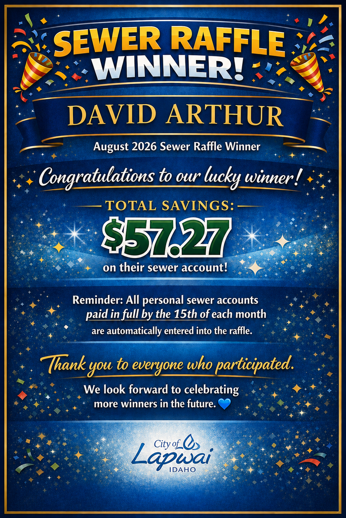 SEWER RAFFLE WINNER FOR AUGUST 2026 THANK YOU DAVID ARTHUR