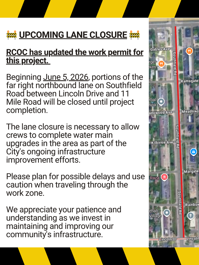 Southfield Road Lane Closure Notice - Updated