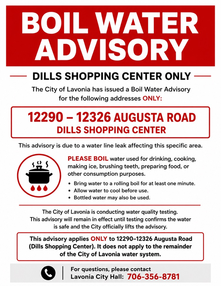 boil advisory dills shopping center Aug 2026