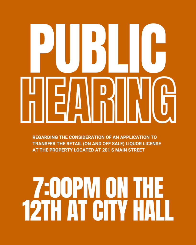 We have a public hearing coming up at the next City Council Meeting on Monday, January 12th to discuss the transfer of the Liquor License from the Only One to Mr. Rentschler  Join us live online or in-person at City Hall