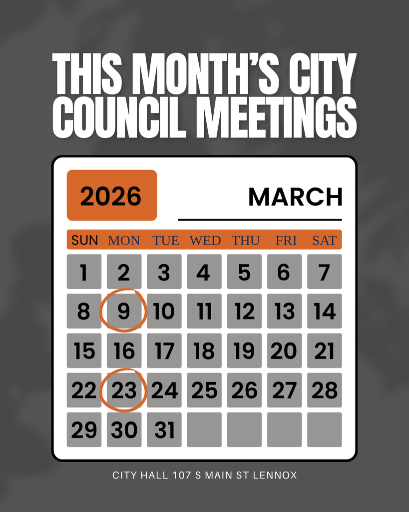 The month of March's City Council Meetings for the City of Lennox will be held on March 9th and 23rd at 7pm. Join live online or in-person at City Hall located at 107 S Main St. Lennox SD