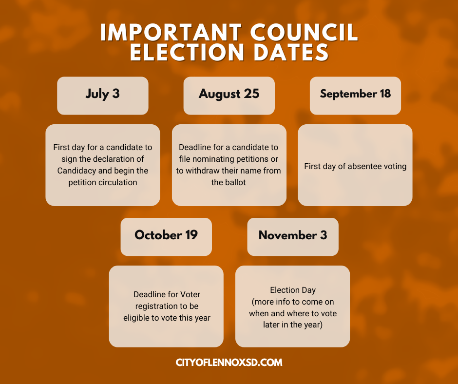 IMPORTANT COUNCIL ELECTION DATES: July 3 is the first day for a candidate to sign the declaration of candidacy and begin the petition circulation Aug. 25 is the deadline for a candidate to file nominating petitions or to withdraw their name from the ballot Sept. 18 is the first day of absentee voting Oct. 19 is the deadline for voter registration to be eligible to vote this year Nov. 3 is Election day (more info to come later in the year)