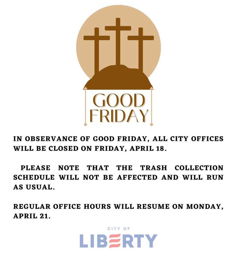 In observance of Good Friday, all City offices will be closed on Friday, April 18. Please note that the trash collection schedule will not be affected and will run as usual. Regular office hours will resume on Monday, April 21.