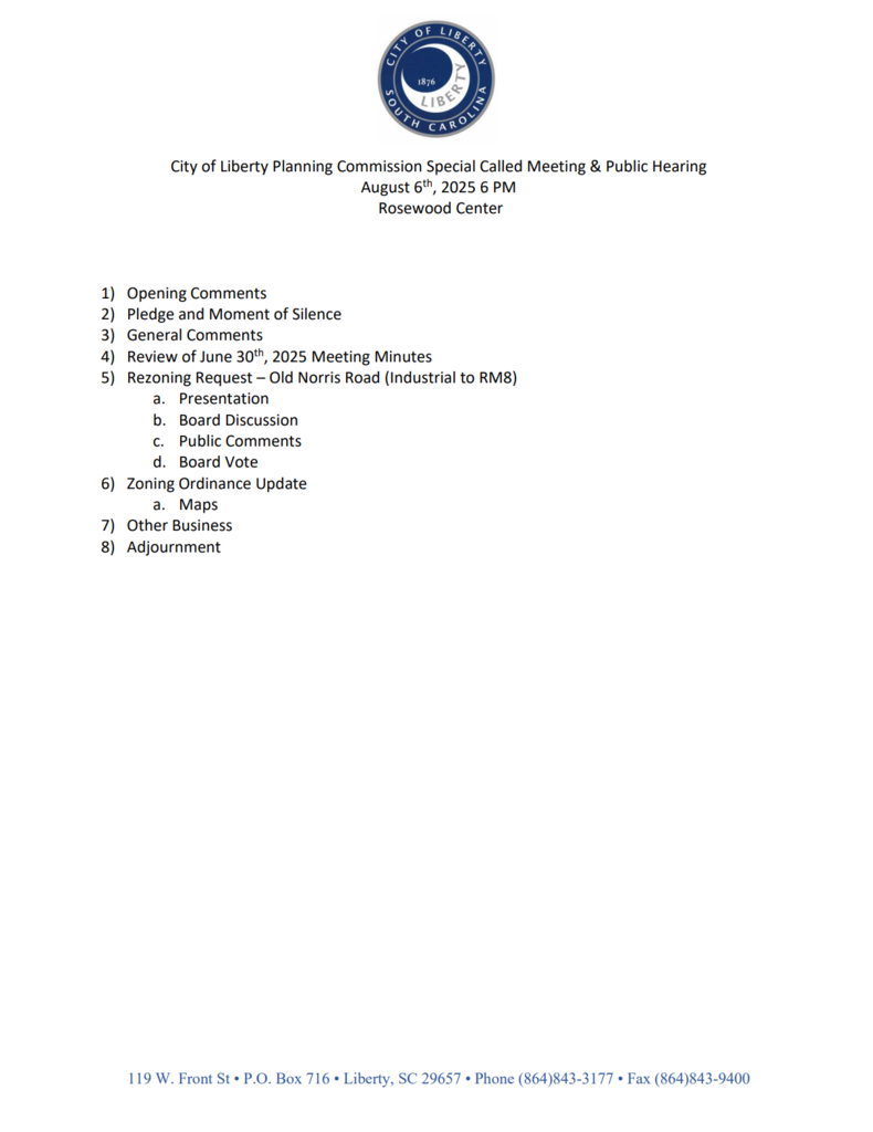 Planning Commission Special Called Meeting & Public Hearing