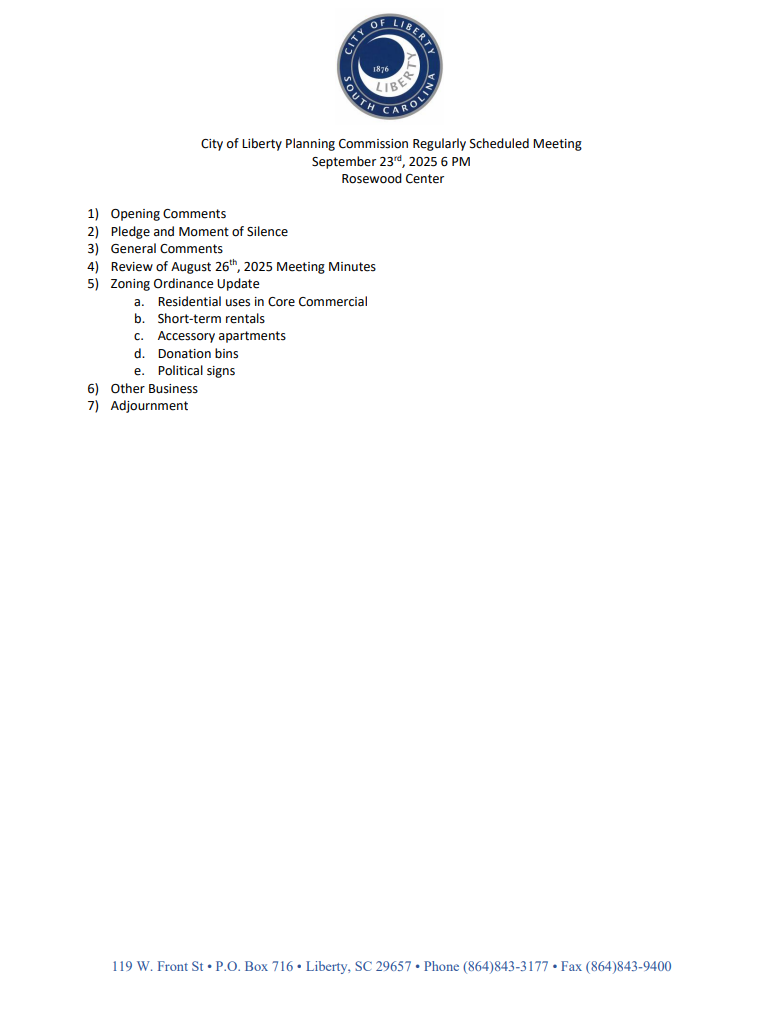 City of Liberty Planning Commission Regularly Scheduled Meeting September 23rd, 2025 6 PM