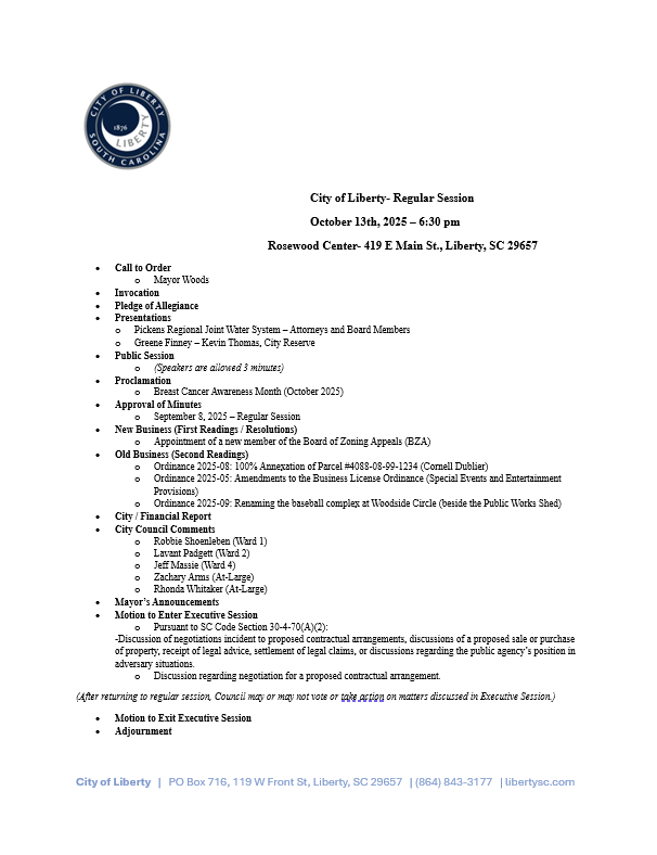 October 13th, 2025, Regular Session Agenda