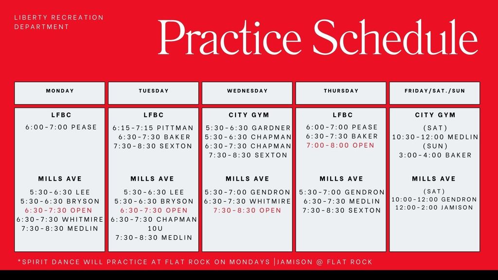 Updated practice schedule