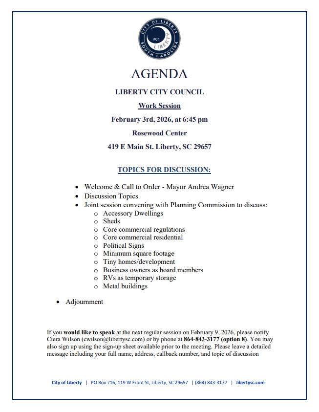 Work Session for City of Liberty Agenda