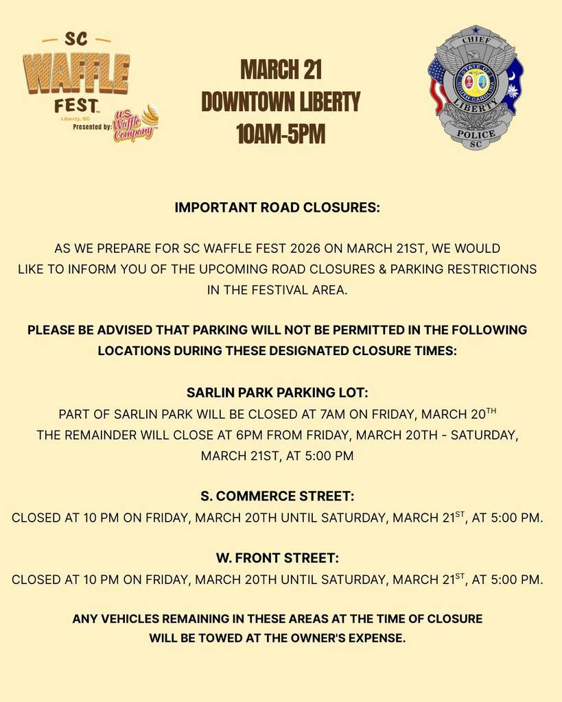 road closure information for SC Waffle Fest 2026