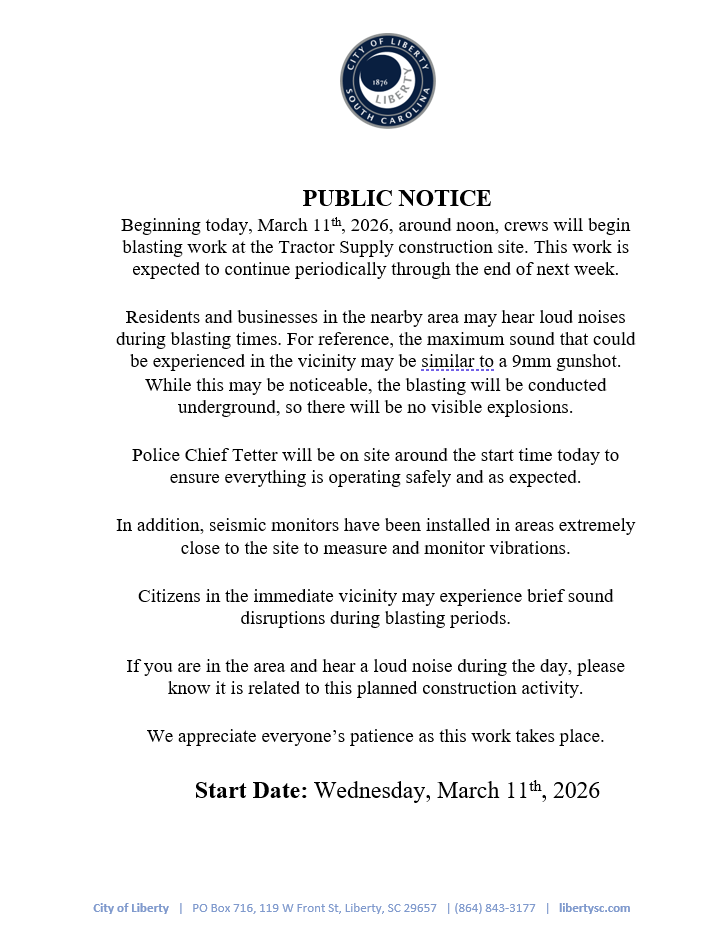 Public Notice for Tractor Supply Blasting 