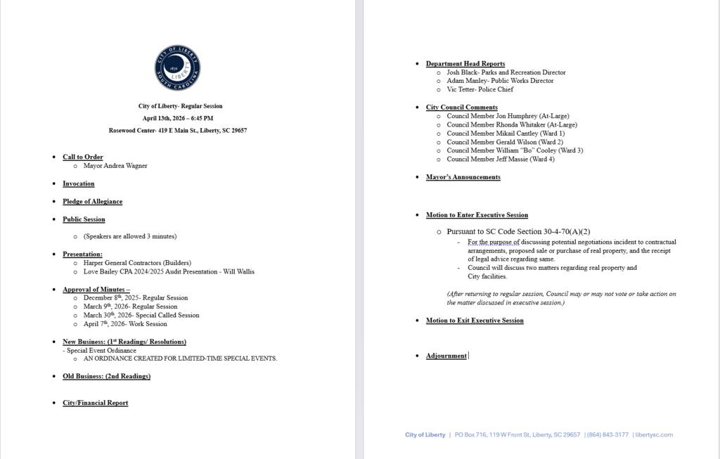 Agenda for Regular Session 4/13/2026