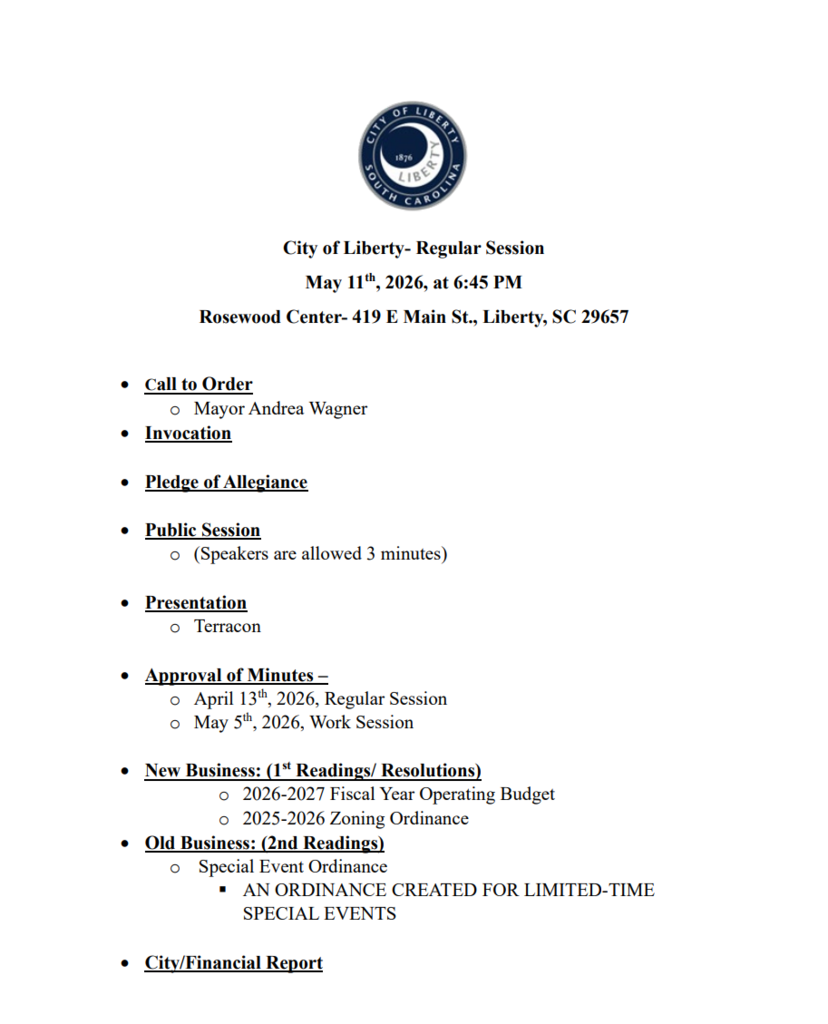 Agenda for Regular Session 5/11/2026