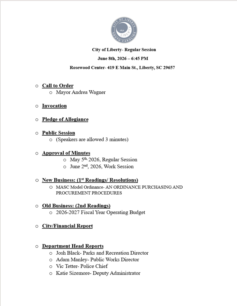 June 8th, 2026 RS Agenda