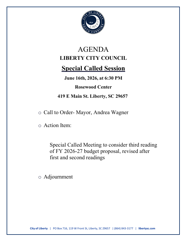 SPECIAL CALLED SESSION AGENDA