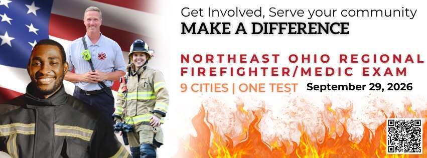Firefighter exam flyer with image of us flag and 3 firefighters in uniform