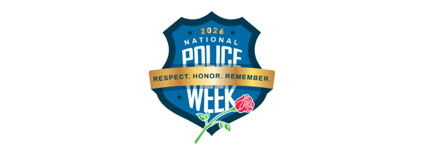Blue police badge with gold banner and red rose