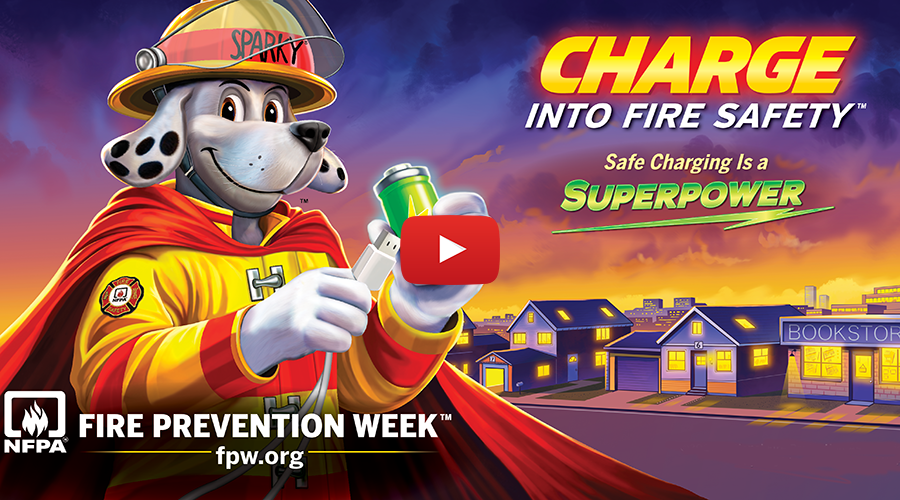 Fire Prevention Week poster, Charge into Fire Safety with an cartoon image of Sparky the fire dog with fire uniform and cape