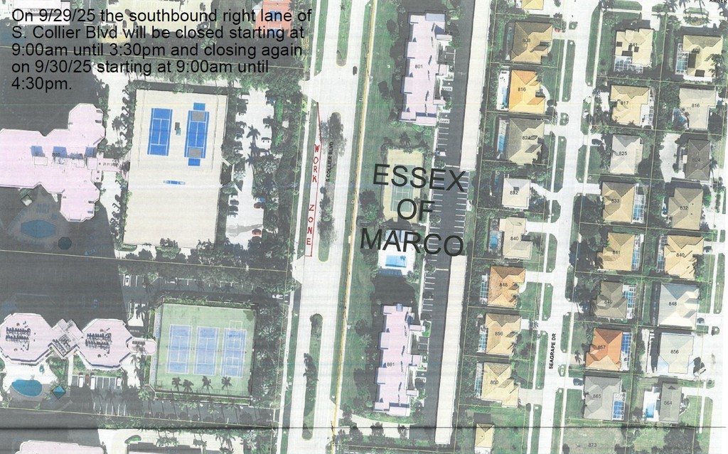 LANE CLOSURE IN THE AREA OF 840 S COLLIER BLVD THE SOUTHBOUND RIGHT LANE WILL BE CLOSED MONDAY 9/29/2025 FROM 9:00AM UNTIL 3:30PM AND ON TUESDAY 9/30/25 FROM 9:00AM UTNIL 4:30 PM FOR MAINTENANCE OF THE UNDERGROUND UTLITIES.