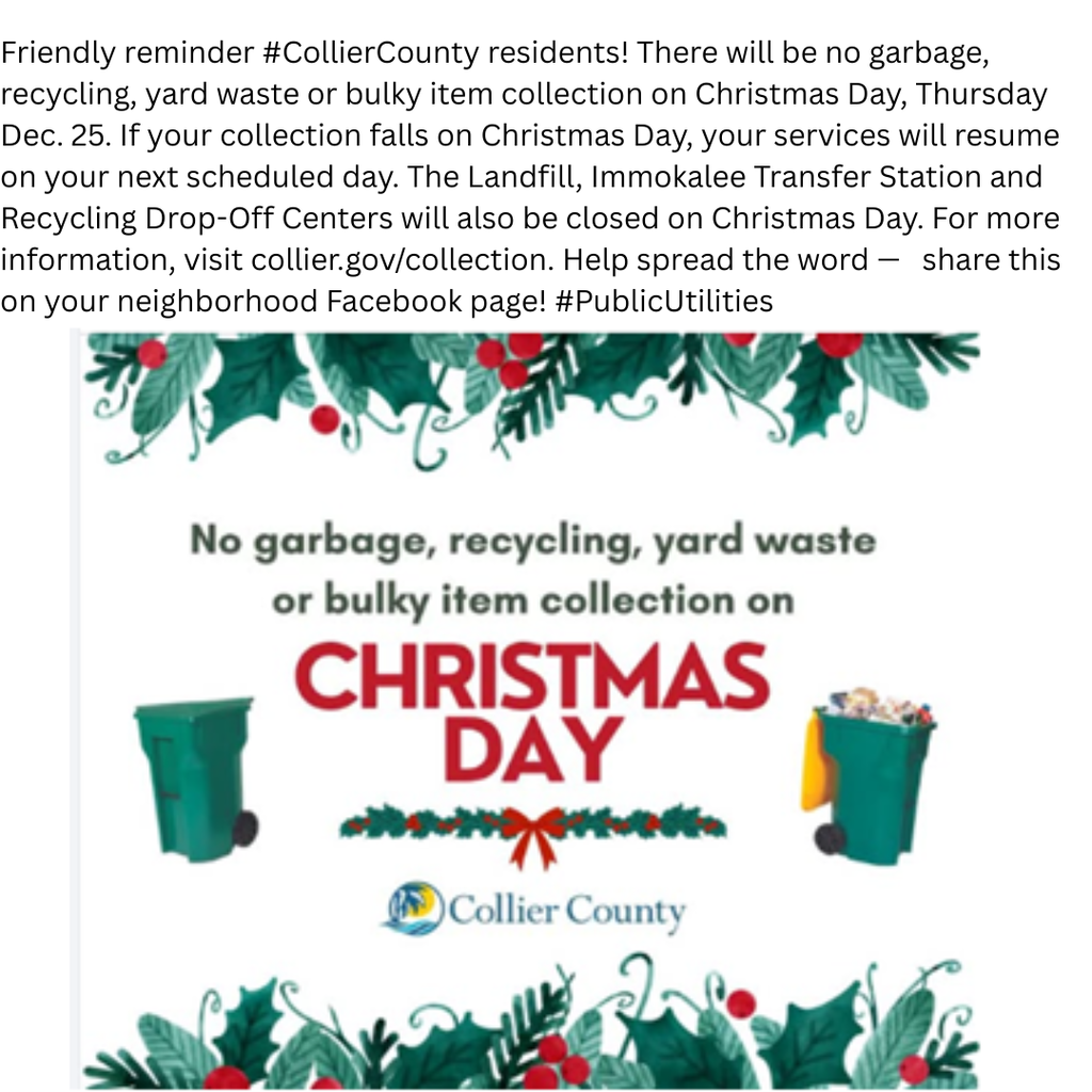 Reminder that there is no curbside collection on Thursday, Christmas Day 25