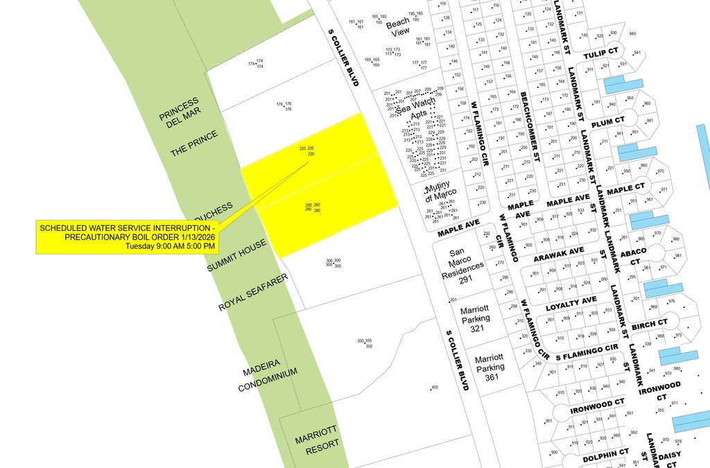 SCHEDULED WATER SERVICE INTERRUPTION - 280 S COLLIER BLVD - 9AM- 5PM - TUESDAY 01.13.26 - PRECAUTIONARY BOIL WATER NOTICE IN EFFECT UNTIL NOTIFIED