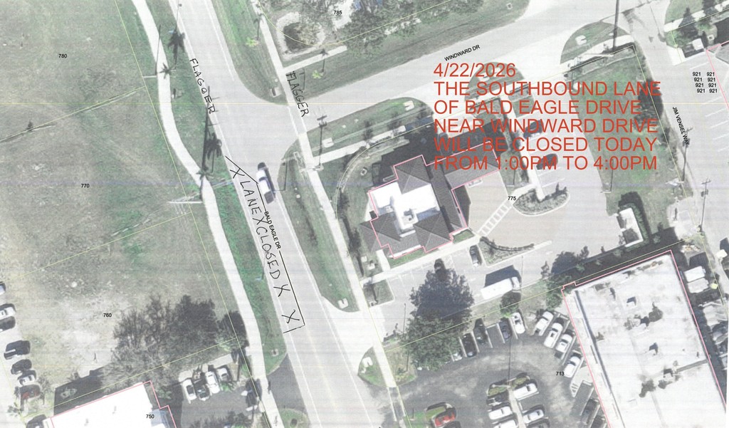 LANE CLOSURE WEDNESDAY 04.22.26 1PM TO 4 PM 760 Bald Eagle Dr the southbound lane near Windward Dr will be CLOSED.  