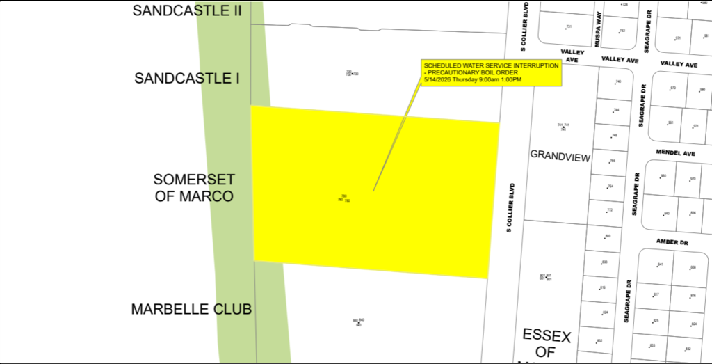 780 S Collier Blvd Scheduled Water Service Interruption on Thursday May 14th, 2026 from 9am to 1pm.