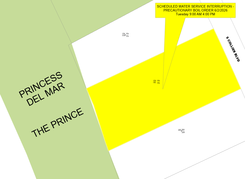Scheduled Water Service Interruption for the area of 176 South Collier Blvd from 9:00 AM to 4:00 PM. Precautionary Boil Order to be in effect