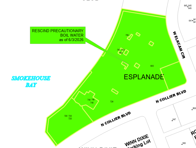 The Precautionary Boil Water Notice has been rescinded for the area of 720 North Collier Boulevard, including the properties within the Esplanade, as of June 3rd, 2026.