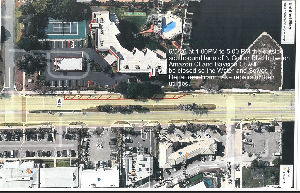 LANE CLOSURE FRIDAY 06.05.26 The southbound lane of N COLLIER BLVD will be closed between AMAZON CT AND BAYSIDE CT from 1pm until 5pm. Water and sewer department are making repairs to utilities. Reuse water from AMAZON CT to COLLIER CT will be off until 5pm.