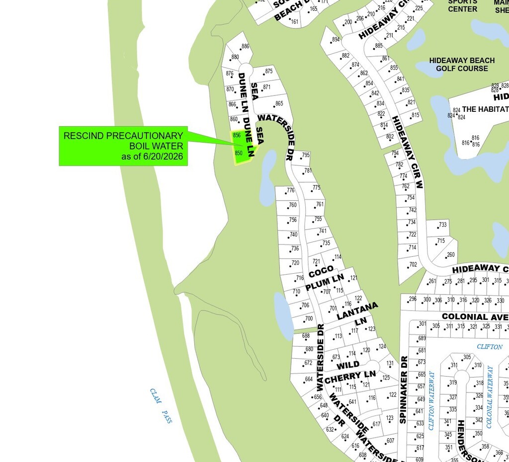 SATURDAY, 6.20.26 RESCISSION OF PRECAUTIONARY BOIL WATER NOTICE -- AREA 856 SEA DUNE LANE 