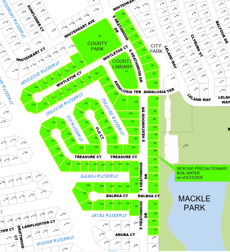 The Precautionary Boil Water Notice for the area 356 Heathwood Drive has been rescinded as of June 23rd, 2026.