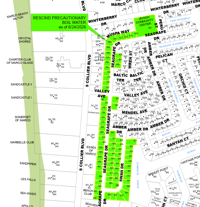 The Precautionary Boil Water Notice for the area of 900 Seagrape Drive has been rescinded as of June 24th, 2026.