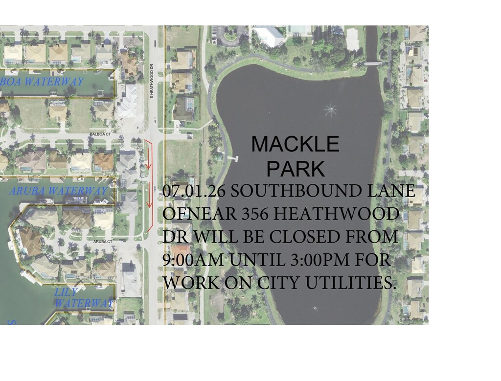 LANE CLOSURE WEDNESDAY 07.01.26  The southbound lane near 356 Heathwood Dr  will be closed  from 9am until 3pm. Water and sewer department are making repairs t  o utilities.
