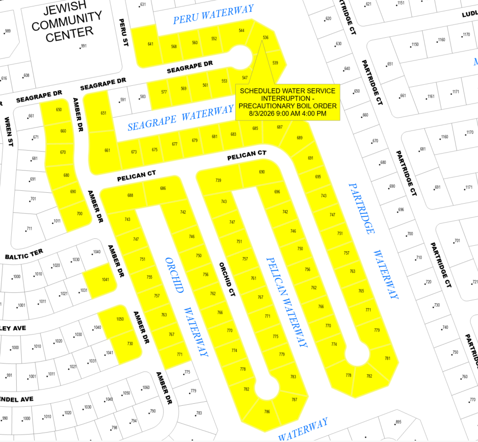 Properties shown will experience a scheduled water service interruption MONDAY, AUGUST 3rd, 2026 from 9:00 AM to 4:00 PM for the area of 650 Amber Drive.