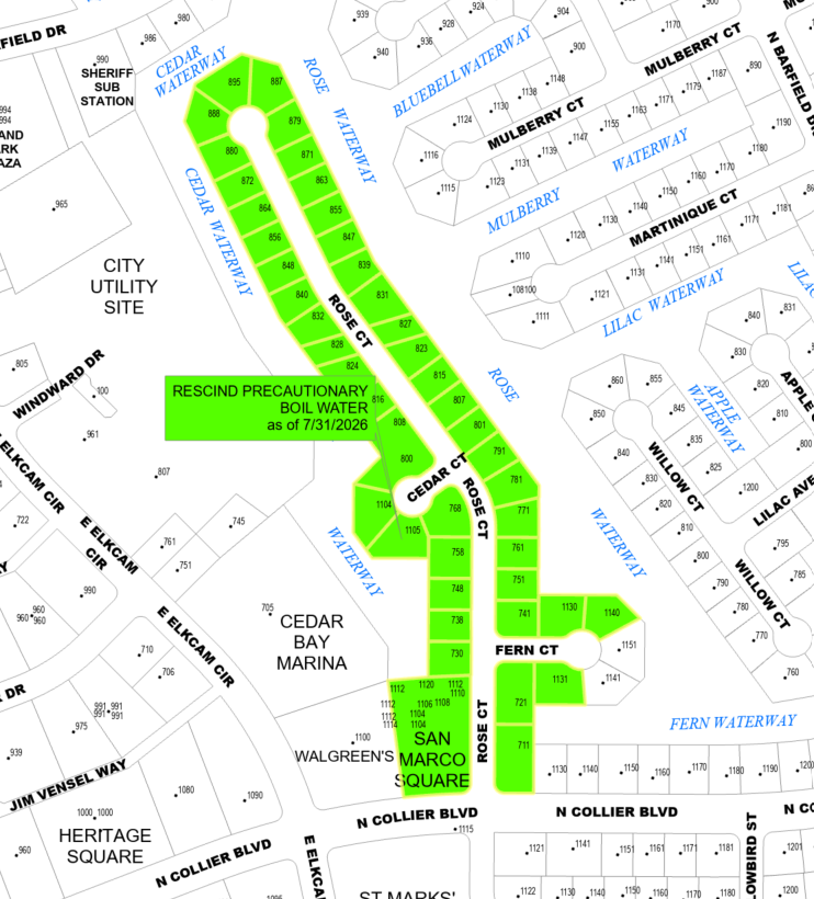The Precautionary Boil Water Notice for the area of 895 ROSE COURT has been rescinded as of 7/31/2026.