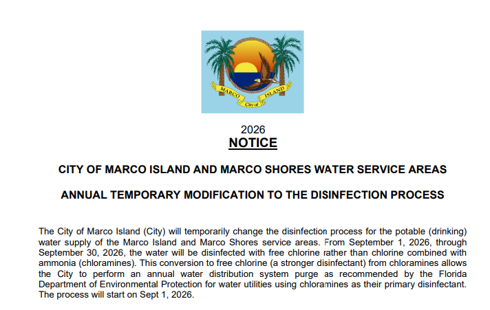 CITY OF MARCO ISLAND AND MARCO SHORES WATER SERVICE AREAS - ANNUAL TEMPORARY MODIFICATION TO THE DISINFECTION PROCESS - SEPTEMBER 1 THROUGH SEPTEMBER 30, 2026 - https://cityofmarcoislandfl.thrillshare.com/media/documents