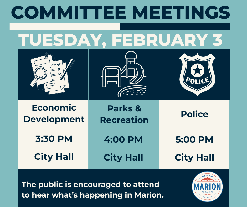 Several City of Marion meetings will take place on Tuesday, February 3, and residents and business owners are encouraged to attend to stay informed on what’s happening in our community. Committee Meetings 📍 City Hall Conference Room 13 E. Military Road Economic Development Committee — 3:30 PM Parks & Recreation Committee — 4:00 PM Police Committee — 5:00 PM