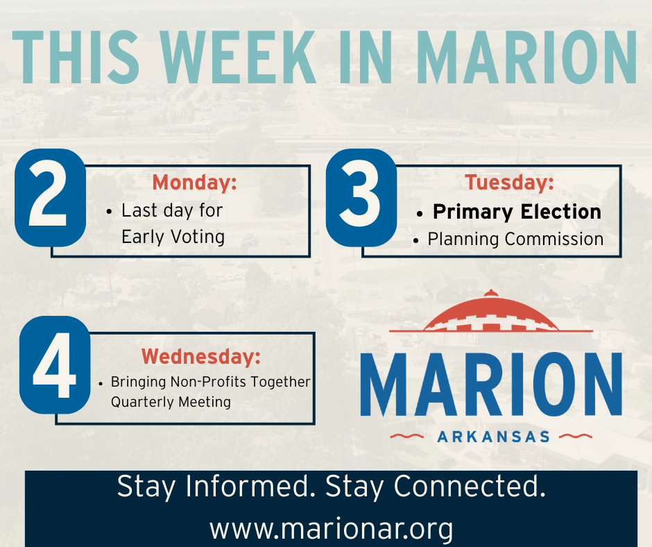 Graphic titled “This Week in Marion” with a light aerial background image of Marion. Three large blue date circles show March 2, 3, and 4.  Monday, March 2: Last day for Early Voting. Early voting locations include Tabernacle of God Baptist Church and 7th Street Church of Christ. Hours are 8:00 AM to 5:00 PM. Voters may choose either location and must bring a valid ID.  Tuesday, March 3: Primary Election and Planning Commission meeting. Election Day voting hours are 7:30 AM to 7:30 PM. Planning Commission meets at 6:00 PM at District Court.  Wednesday, March 4: Bringing Non-Profits Together Quarterly Meeting from 1:00–2:00 PM. Special guest is Beth Wilson, City of Marion Economic Development Director.  The bottom banner reads: “Stay Informed. Stay Connected. www.marionar.org.”