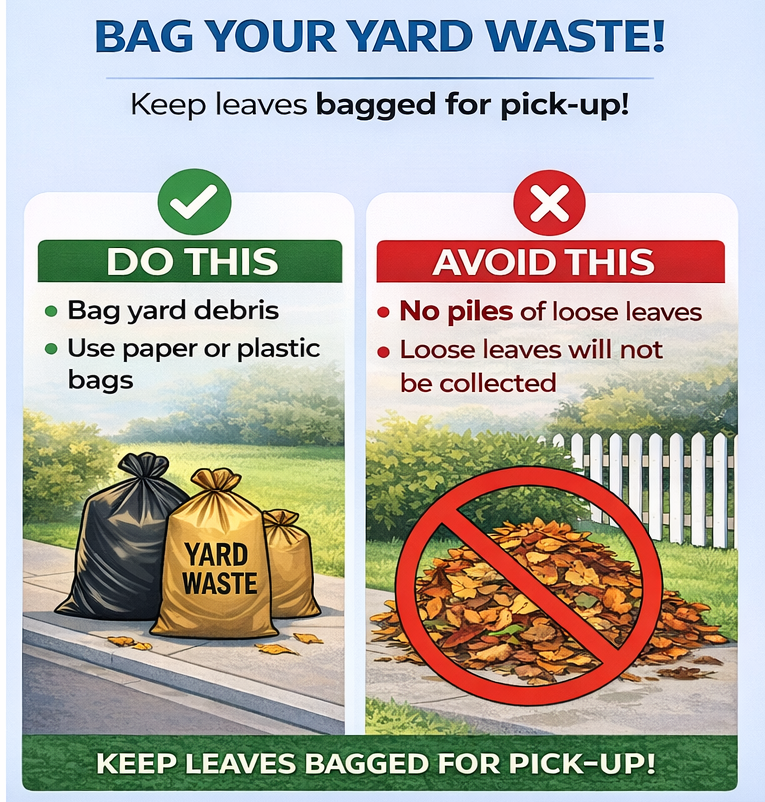 Graphic titled “Bag Your Yard Waste!” with the message “Keep leaves bagged for pick-up!” The image is split into two sections. The left side, labeled “Do This” with a green checkmark, shows yard waste placed in tied bags with text that says “Bag yard debris” and “Use paper or plastic bags.” The right side, labeled “Avoid This” with a red X, shows a pile of loose leaves with a red prohibition symbol over it and text stating “No piles of loose leaves” and “Loose leaves will not be collected.” A banner at the bottom reinforces the message: “Keep leaves bagged for pick-up!”