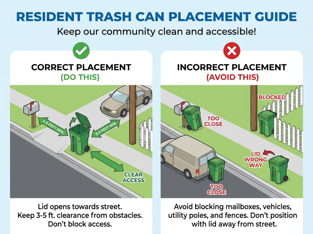 Graphic titled “Resident Trash Can Placement Guide” showing correct and incorrect ways to place a trash cart at the curb. The left side, labeled “Correct Placement (Do This)” with a green checkmark, shows a trash can placed at least 3–5 feet away from a mailbox, vehicle, and utility pole, with the lid opening toward the street and clear access around it. The right side, labeled “Incorrect Placement (Avoid This)” with a red X, shows trash cans placed too close to a mailbox, vehicle, fence, and utility pole, with labels such as “too close,” “blocked,” and “lid wrong way.”