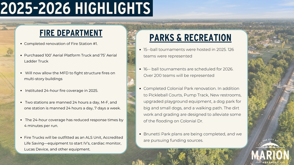 Slide titled “2025–2026 Highlights” with Fire Department and Parks and Recreation updates. The Fire Department section says Marion completed the renovation of Fire Station #1, purchased a 100-foot aerial platform truck and 75-foot aerial ladder truck, improved its ability to fight multi-story structure fires, instituted 24-hour fire coverage in 2025, reduced response times by four minutes per run, and is outfitting trucks with advanced life-saving equipment. The Parks and Recreation section says Marion hosted 15 ball tournaments in 2025 with 126 teams represented, has 16 tournaments scheduled for 2026 with more than 200 teams expected, completed the Colonial Park renovation with pickleball courts, pump track, restrooms, playground upgrades, dog parks, and a walking path, and is completing plans for Brunetti Park while pursuing funding.