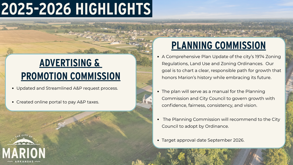 Slide titled “2025–2026 Highlights” with two update panels. The Advertising and Promotion Commission section says Marion updated and streamlined the A&P request process and created an online portal to pay A&P taxes. The Planning Commission section says the city is updating its 1974 zoning regulations, land use, and zoning ordinances through a comprehensive plan update to guide responsible growth, help the Planning Commission and City Council govern with consistency and vision, and target adoption by September 2026.