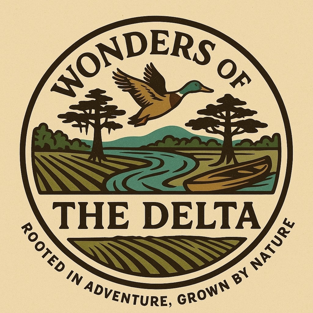 Wonders of the Delta circular logo featuring a flying duck, cypress trees, farmland, a river, and a small boat. Text reads “Wonders of the Delta” and “Rooted in Adventure, Grown by Nature.”