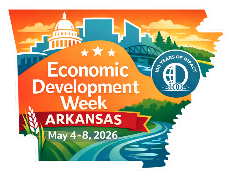 Colorful graphic in the shape of Arkansas that reads “Economic Development Week Arkansas, May 4–8, 2026” with a “100 Years of Impact” emblem, featuring illustrations of a city skyline, capitol building, bridge, river, farmland, and trees.