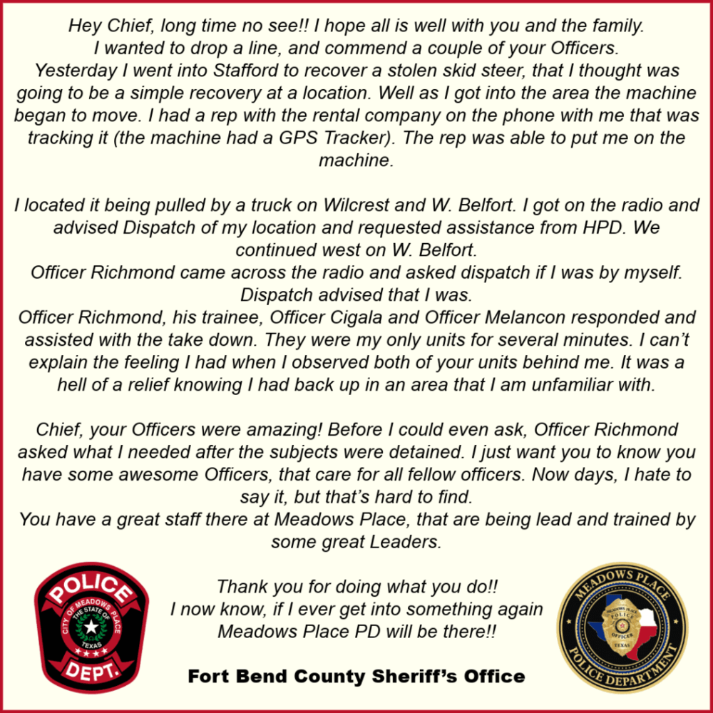 Officers Receive Thanks from Fellow Agency